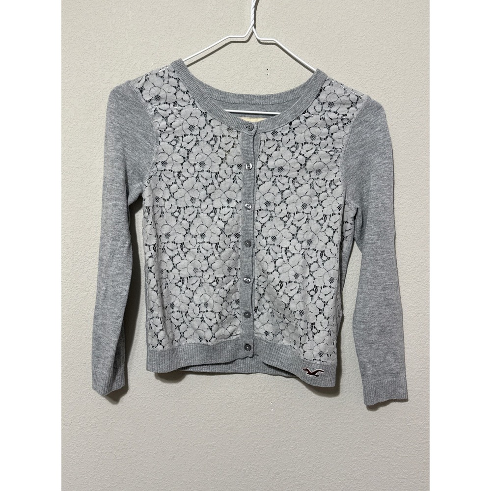 Hollister‎ Cardigan Womens Small Gray Lace Front Button Up Long Sleeve Sweater